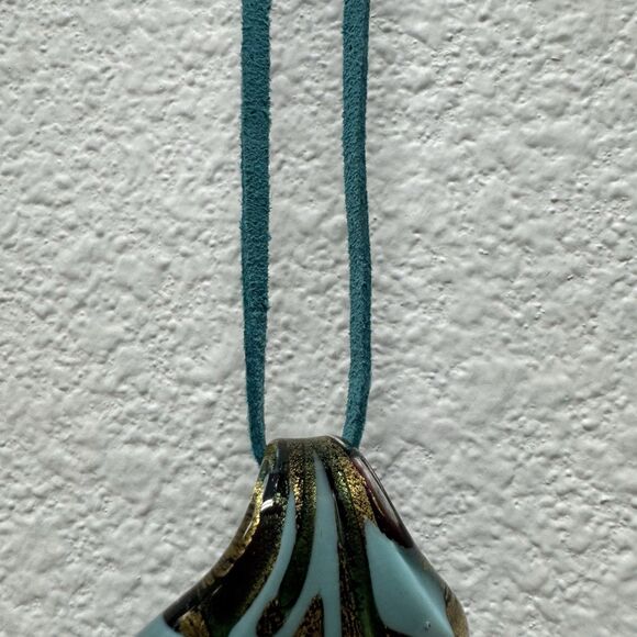 Murano Glass Necklace Pendant Black Teal Blue Green Aqua Art Deco 2" Leather - Picture 9 of 12